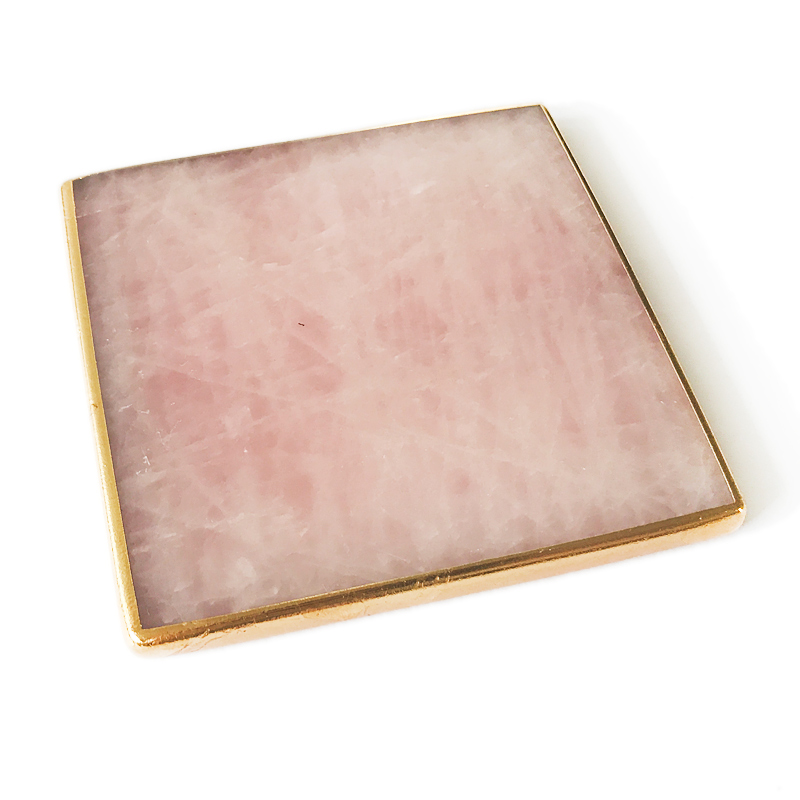 Gemstone square coaster with gold rim,rose quartz slice coaster for home decor