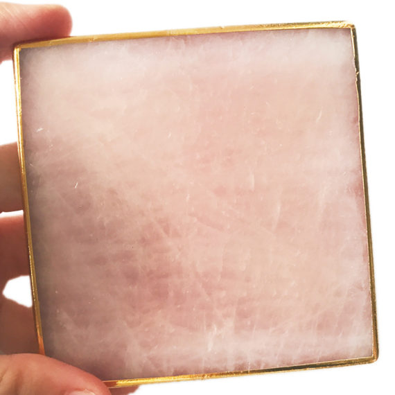 Gemstone square coaster with gold rim,rose quartz slice coaster for home decor