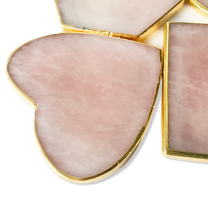 Rose quartz coaster,heart shaped gold rimmed gemstone coasters