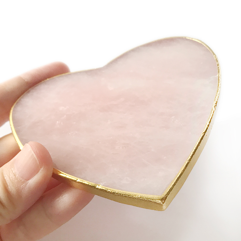 Rose quartz coaster,heart shaped gold rimmed gemstone coasters