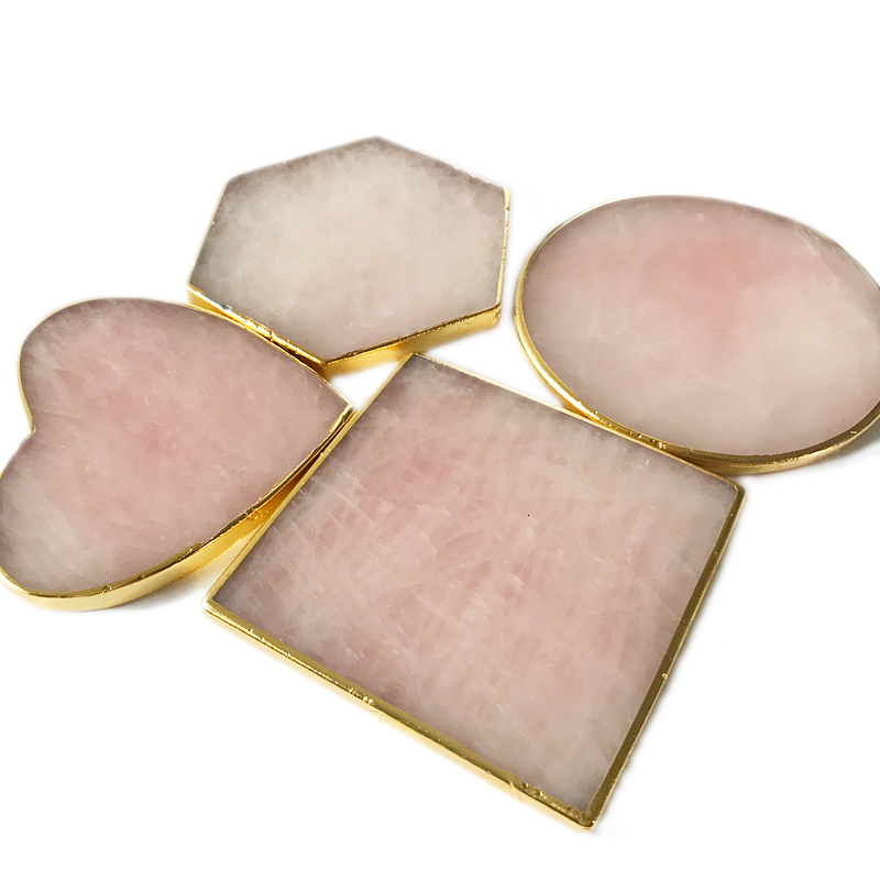 Rose quartz coasters,gold rim drink coasters