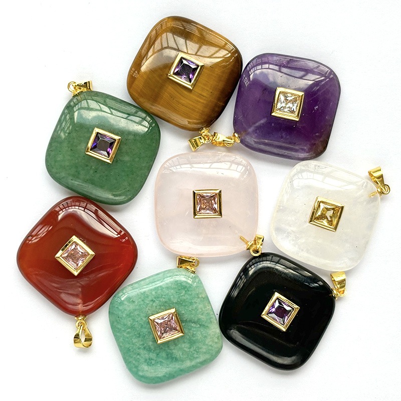 Healing Gemstone Square Pendants with CZ
