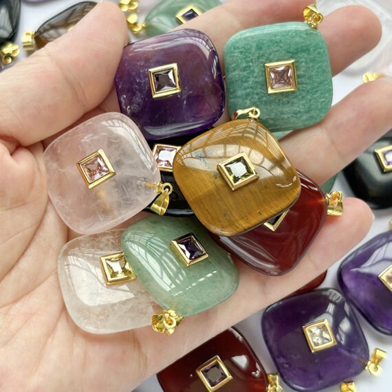 Healing Gemstone Square Pendants with CZ